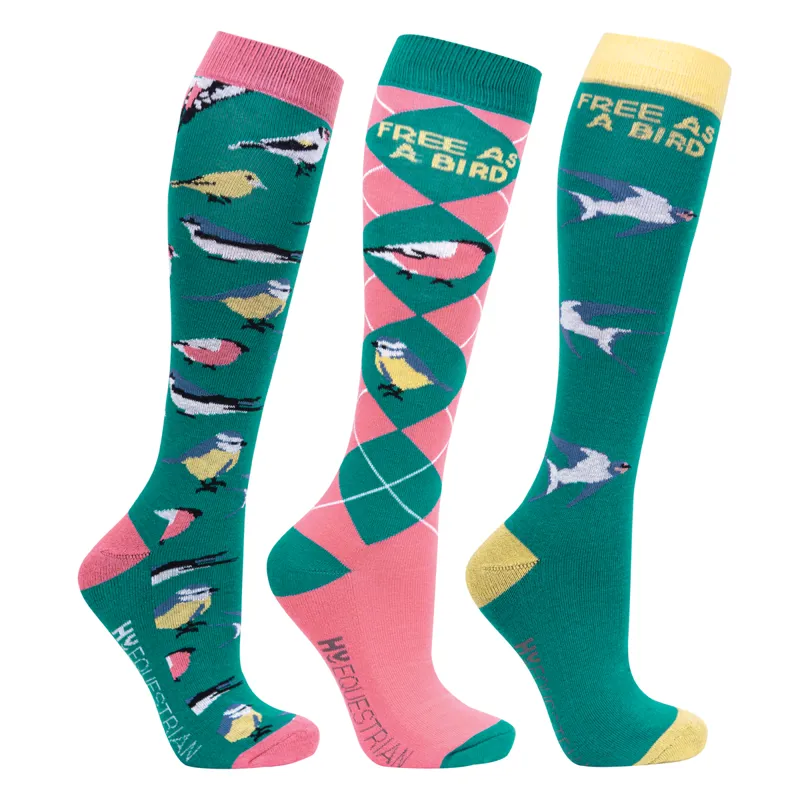 Hy Equestrian Free As A Bird Socks - Pack of 3 - Fern/Pink 